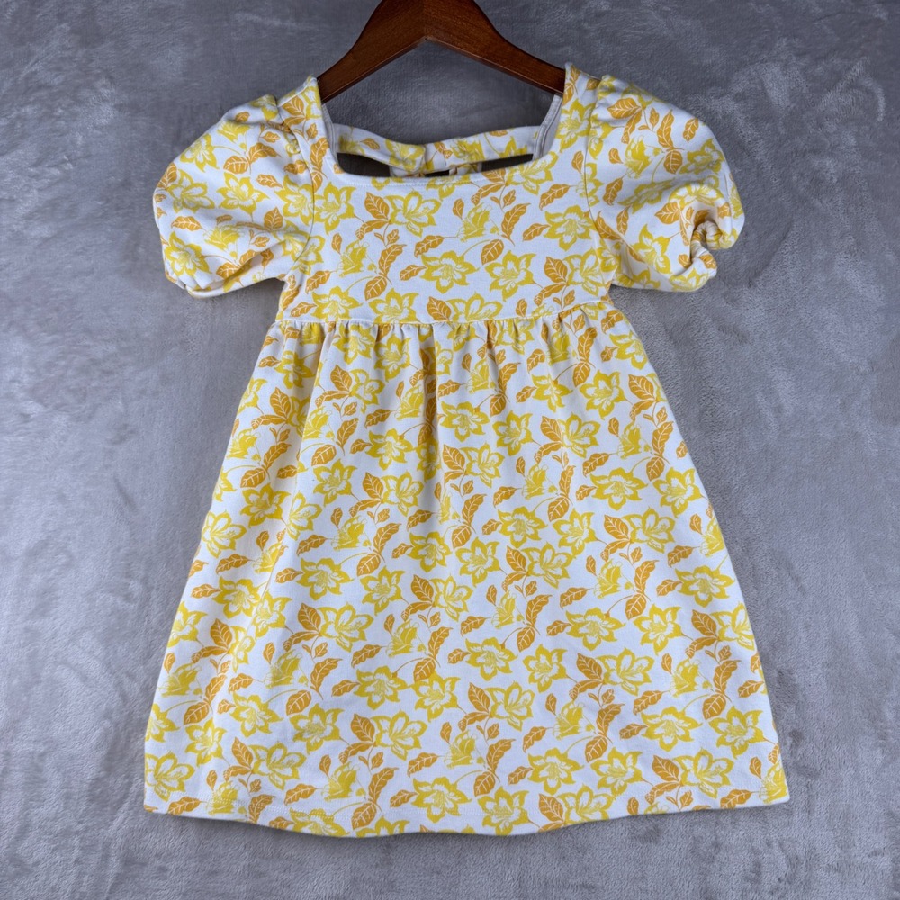 Janie and Jack Girls Yellow Floral Puff ponte Sleeve Bow Back Knit Dress Size‎ 6